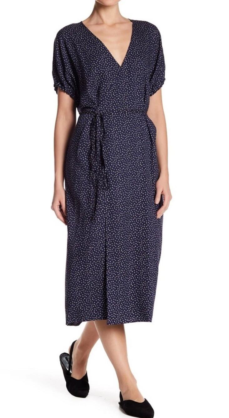 Vince Silk Wrap Dress Small Blue White Dot Print Short Sleeve Midi Stretch S